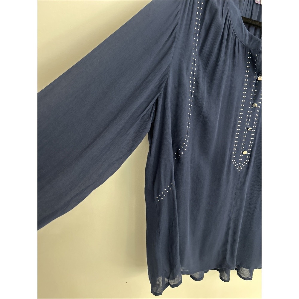 Jennifer Lopez Women's XL NWT Navy Studded Chiffon Long Sleeve Blouse 100% Rayon - Picture 6 of 11
